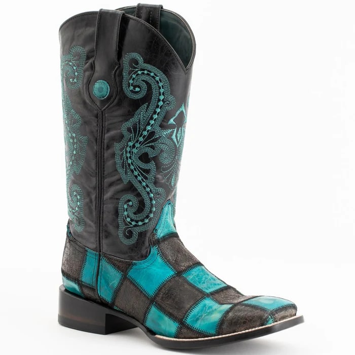 Men's Western Cowboy Boots - Ferrini Handcrafted Black/Teal Patchwork Square Toe Leather Dress Boots