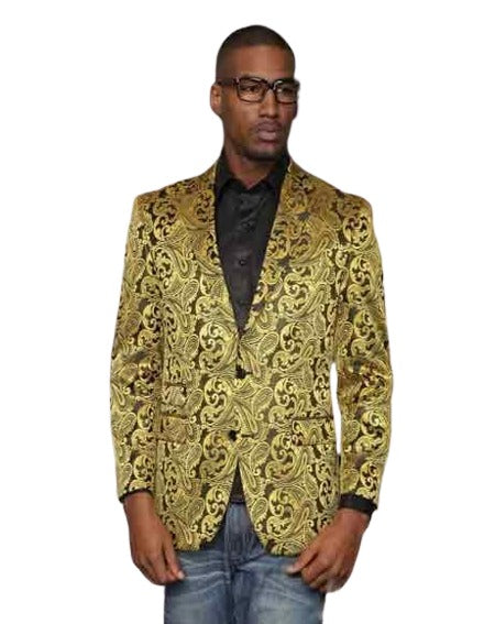 Alberto Nardoni Gold Floral Paisley Shiny Satin Stage Party Two Toned Blazer / Sport coat / Dinner Jacket