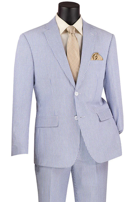 "Modern Fit Men's Seersucker Suit 2PC - Navy Blue Pinstripe Summer"