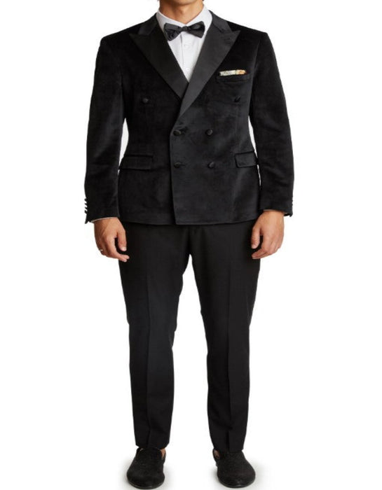 Double Breasted Tuxedo - Velvet Dinner Jacket with Pants in Color Black