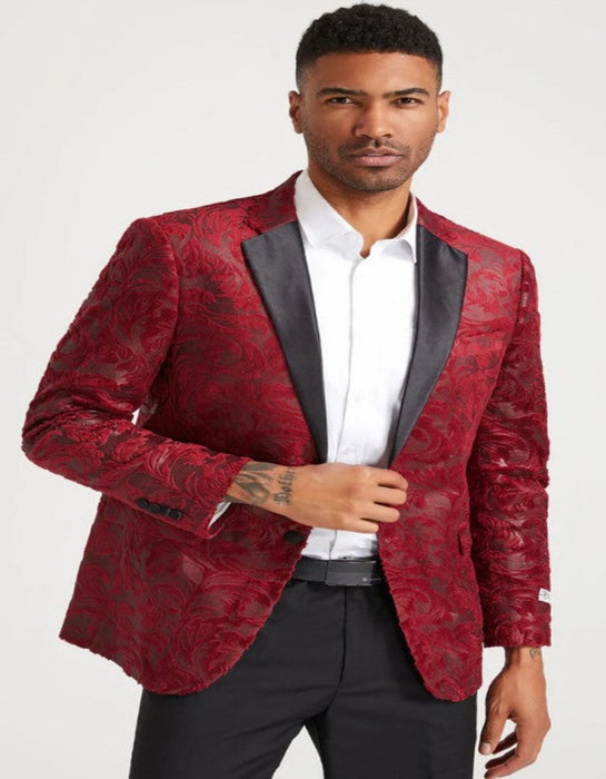 Mens Notch Label Paisley Velvet Prom and Wedding Tuxedo Jacket in Red