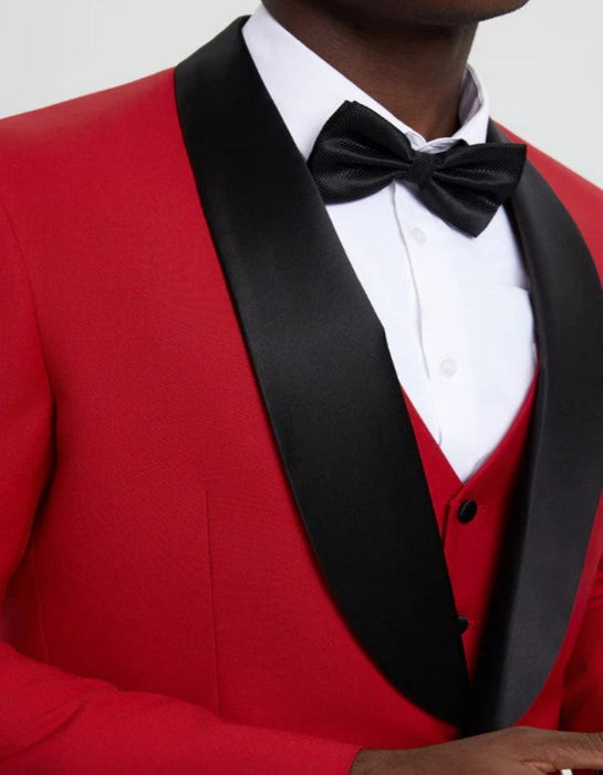 Mens Vested One Button Shawl Lapel Designer Tuxedo in Red