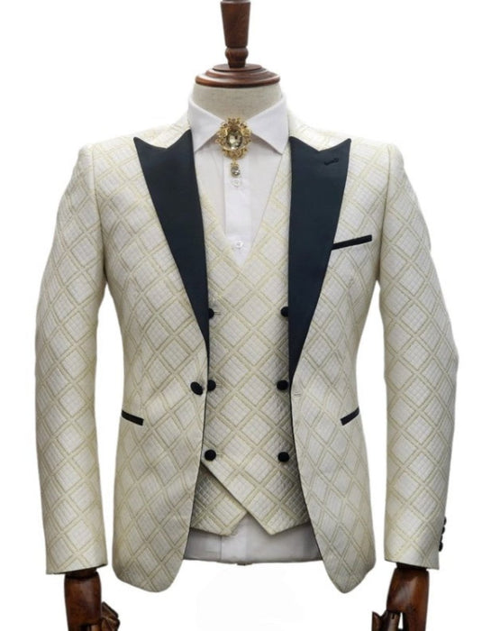 Ivory Wedding Suit - Cream Tuxedo Suit - Ivory Dinner Jacket Plus Pants White ~ Gold