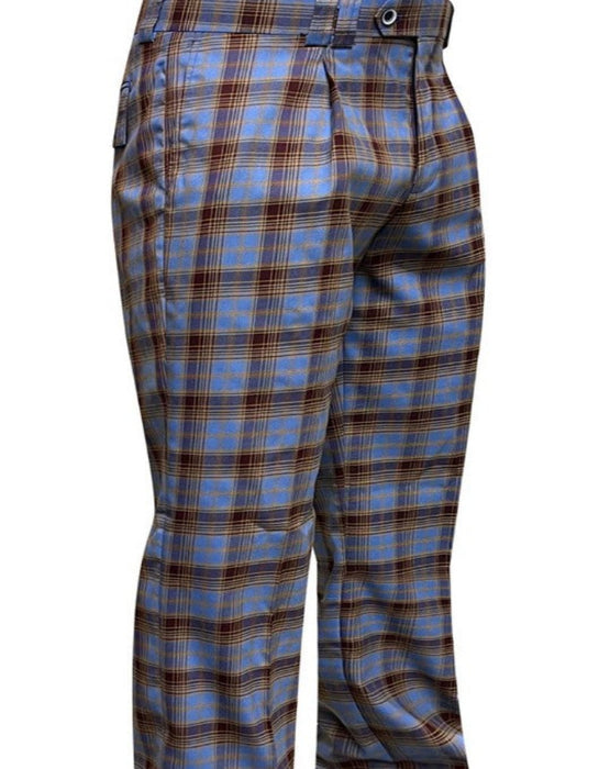 Mens Designer Wool Pleated Wide Leg Dress Pants in Blue and Brown Plaid