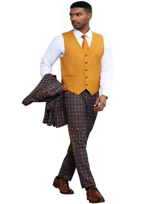 Men's Stacy Adams Bold Windowpane Plaid Print Grey and Gold Suit