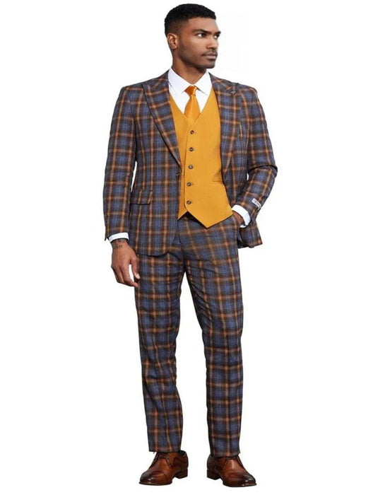 Men's Stacy Adams Bold Windowpane Plaid Print Grey and Gold Suit