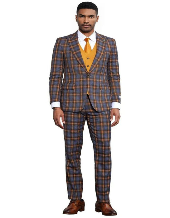 Men's Stacy Adams Bold Windowpane Plaid Print Grey and Gold Suit