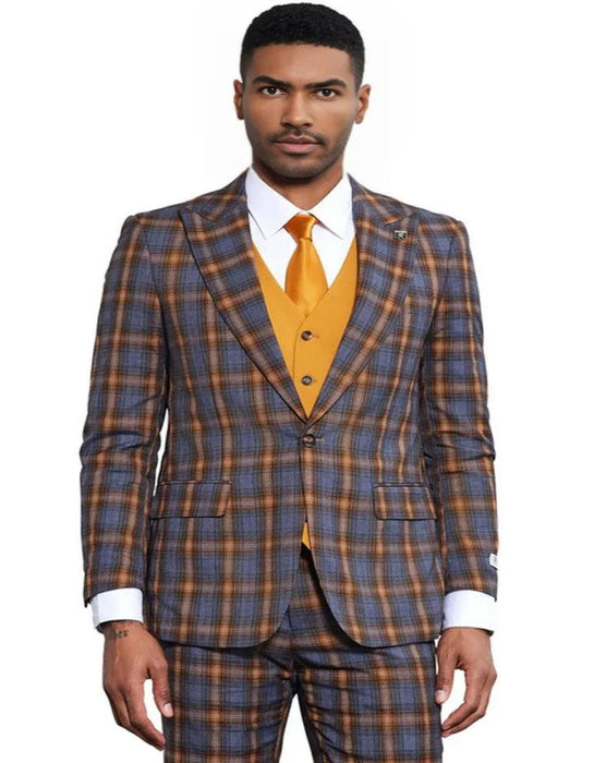 Men's Stacy Adams Bold Windowpane Plaid Print Grey and Gold Suit