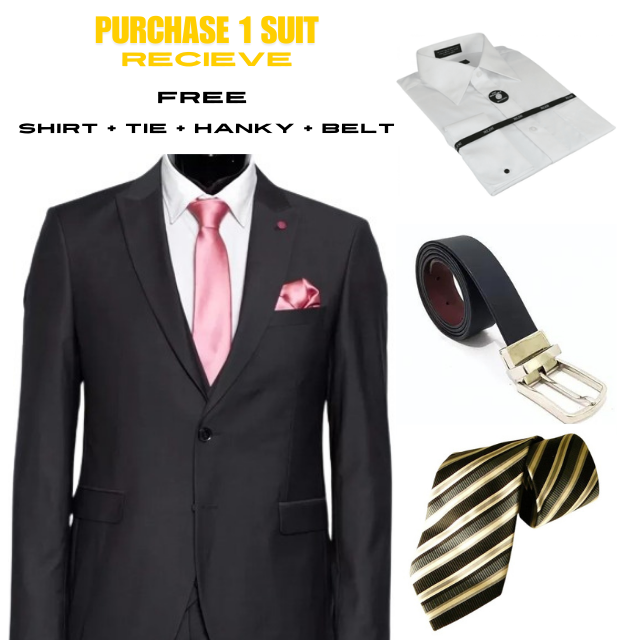 Men's 2 Button Black Shark Skin Suit SHINNY - Dress Shirt, Free Tie & Hankie Package Combo ~ Combination