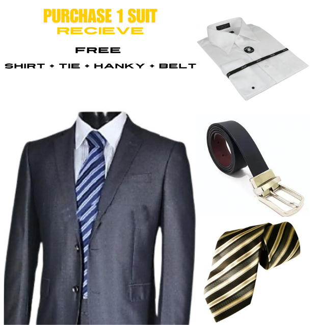 Men's 2 Piece Two Button Dark Navy Suit- Dress Shirt, Free Tie & Hankie Package Combo ~ Combination