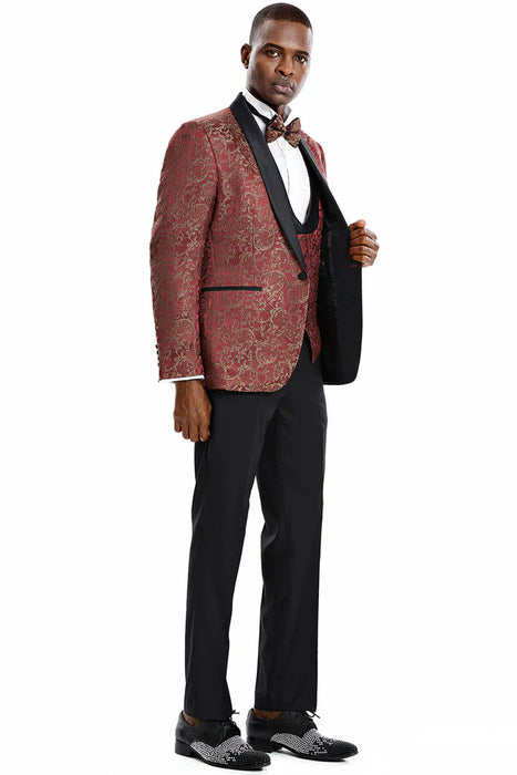 Men's One Button Vested Prom 2025 & Wedding Shawl Tuxedo In Red & Gold Paisely