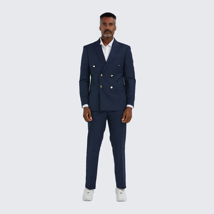 Navy Double Breasted Suit Two Piece Set with Gold Buttons - Wedding - Prom