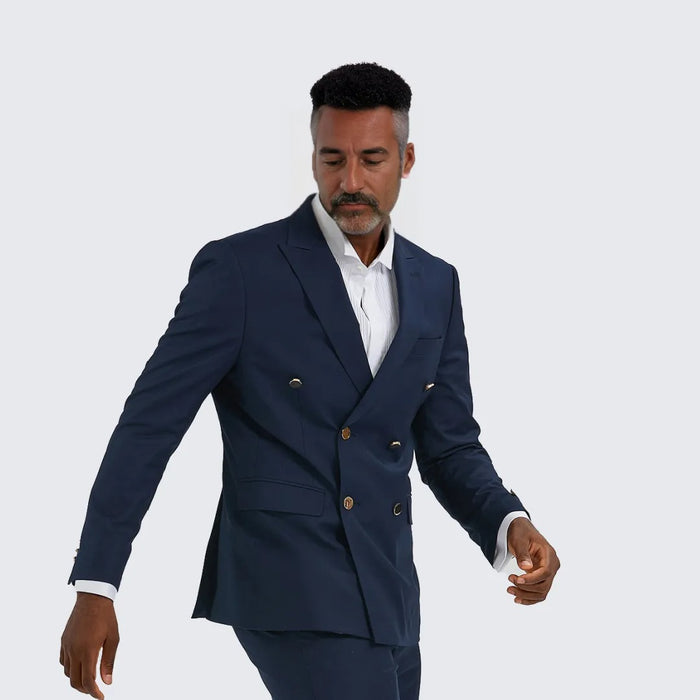 Navy Double Breasted Suit Two Piece Set with Gold Buttons - Wedding - Prom