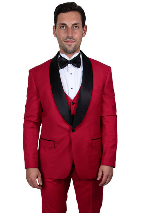 Men Vested One Button Shawl Lapel Tuxedo In Red