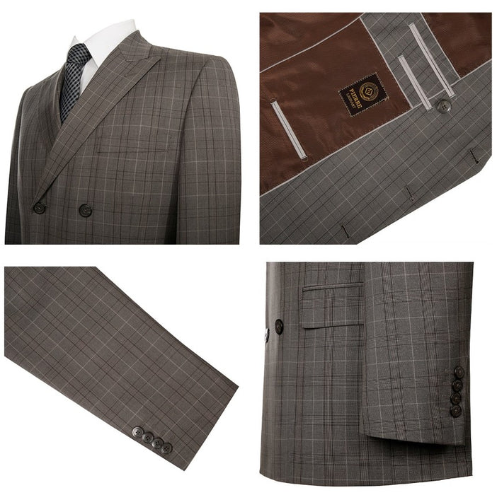 Walnut Plaid Mens 2-Piece Classic Fit Dual Side Vent Double Breasted Peak Lapel Plaid Suit