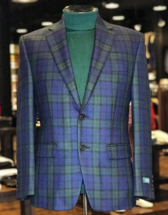 Big and Tall Plait Sport Coat - Windowpane Checkered Scottish English Pattern Party Blazer in Color Green and Blue Tartan