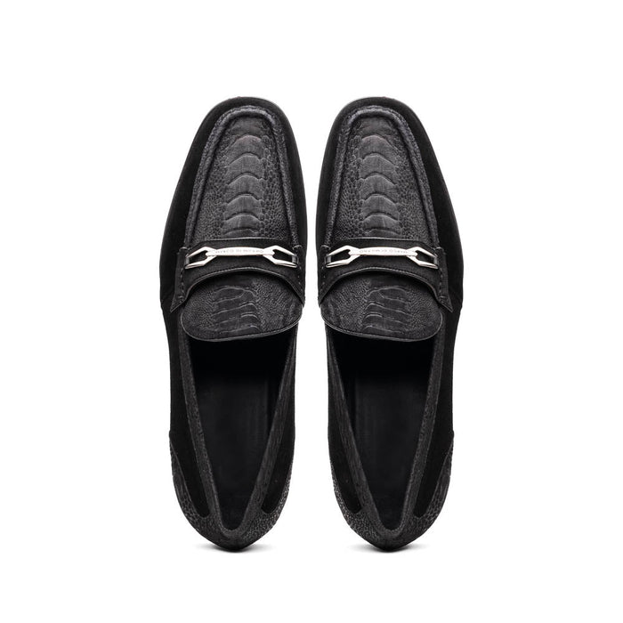 Marco Di Milano Black-Black Hugo Sueded Ostrich Leg Bit Loafers