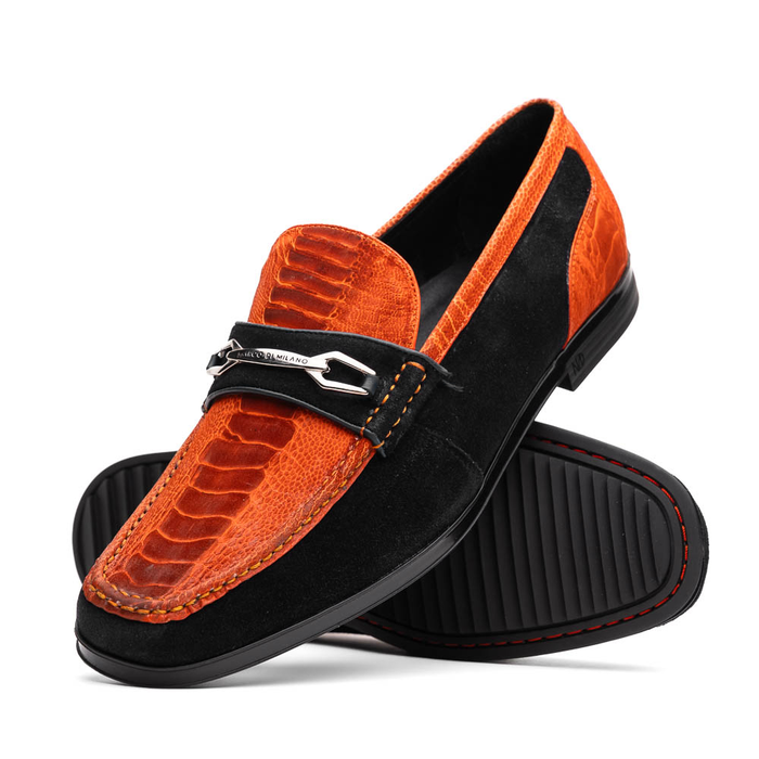 Marco Di Milano Orange-Black Hugo Sueded Ostrich Leg Bit Loafers
