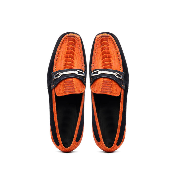 Marco Di Milano Orange-Navy Hugo Sueded Ostrich Leg Bit Loafers