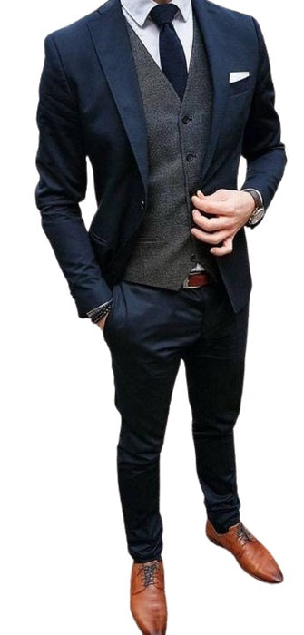 Navy Blue Wool Suit With Grey Vest Slim Fit or Modern Fit