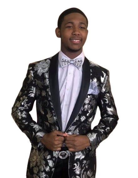 Black and Silver Floral ~ Paisley Tuxedo Dinner Jacket Blazer Sport Coat