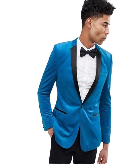 One Button Bright Blue Velvet Blazer Slim Fit Blazer - Sport Coat For Men's