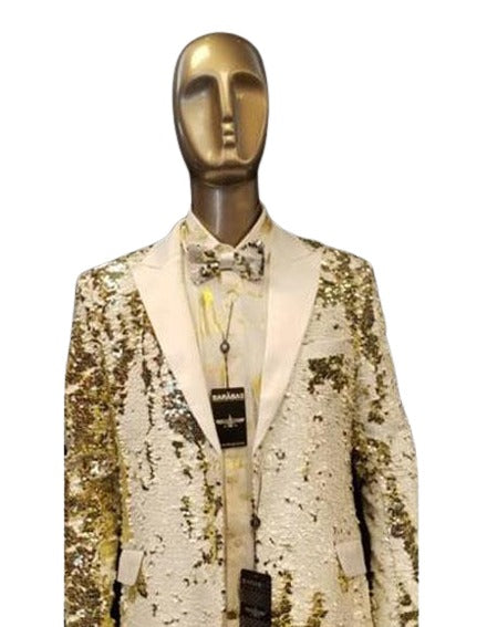 Men's Fashion Shiny Sequin Paisley Blazer Sport coat Tuxedo Jacket White ~ Gold