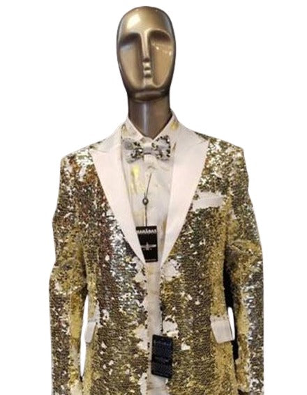 Mens Big and Tall Sequin Blazer - Shiny Fancy Sport Coat + Matching Bowtie + White ~ Gold Tuxedo