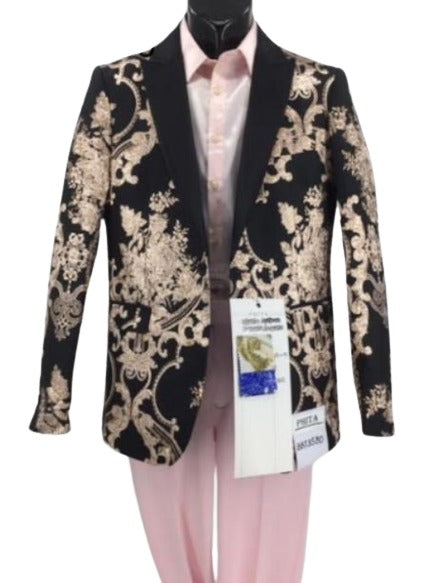 Mens Blazer - Black and Rose Gold Paisley Blazer - Fashion Prom Sport Coat