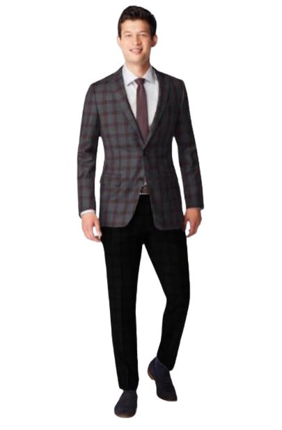 Blazer - Vested Plaid Sport Coat Available In Charcoal And Burgundy Plaid - Modern Fit - Notch Lapel Side Vented - Business Blazer