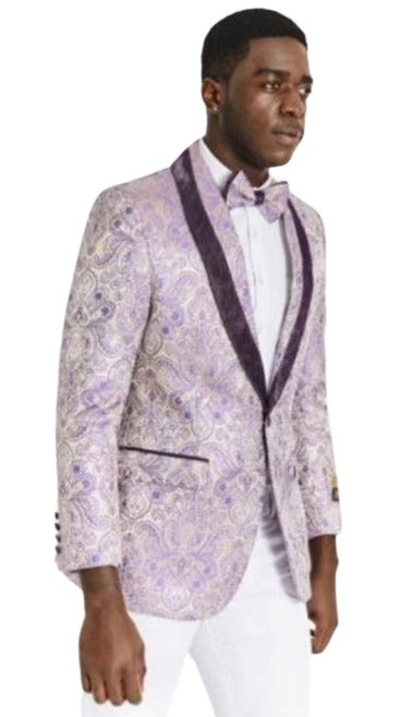 Mens Lavender Paisley Blazer - Big and Tall Sport Coat With Bowtie