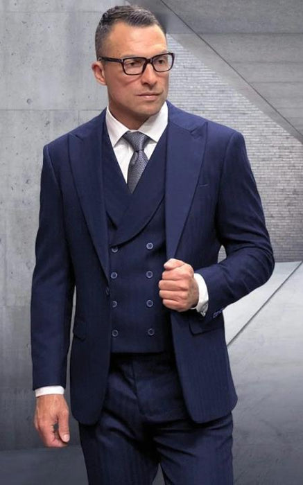 Tone on Tone Pinstripe - Shadow Stripe - Double Breasted Vest Suit - Wool Fabric Suit Navy