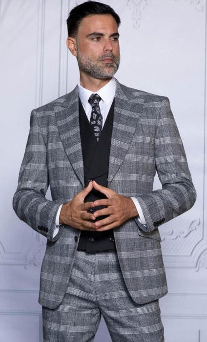 Gray Plaid Suit - Glen Plaid With Black Vest - 100% Wool Super 150's Wool Suit - Grey Checkered Suit