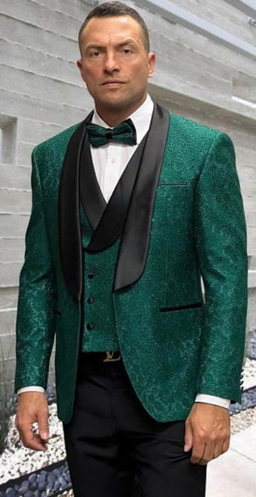 Mens Stylish Hunter Green Textured Pattern Modern Fit Suit