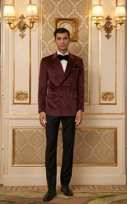 Mens Burgundy Velvet Double Breasted Blazer By Albertonardoni