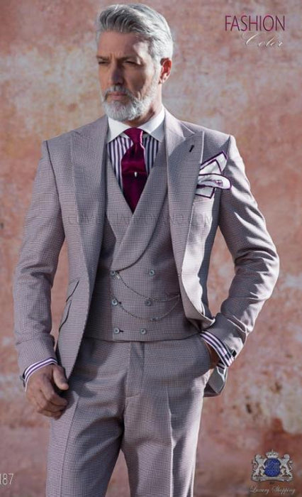 Houndstooth Suit - 100% Wool Fabric Suit - Business Suits - Vested Peak Lapel Suit