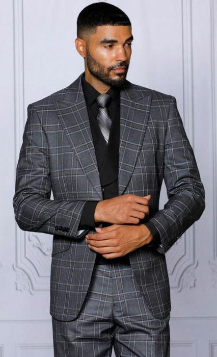 Mens Charcoal Plaid Peak Lapels Suit Tailor Fit