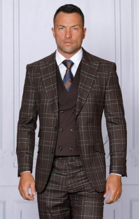 Mens Brown Plaid Peak Lapels Suit Tailor Fit