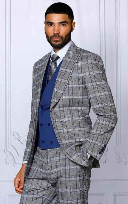 Mens Sapphire Blue Plaid Peak Lapels Suit Tailor Fit