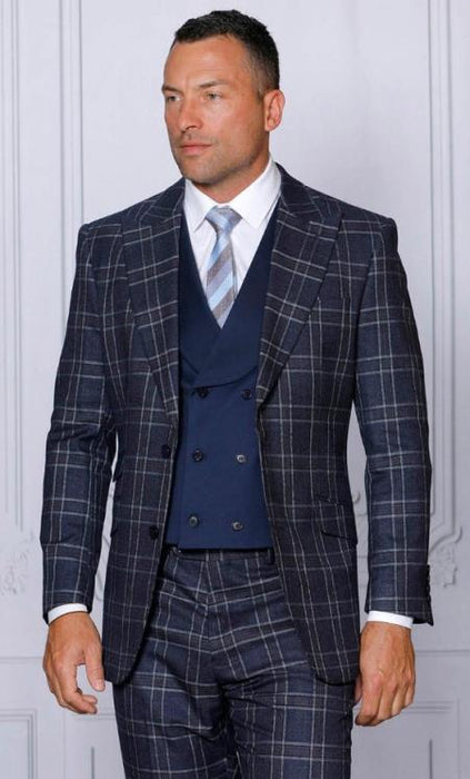 Mens Midnight Blue Plaid Peak Lapels Suit Tailor Fit