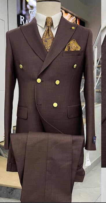 Mens Double Breasted Suits Gold Buttons - 100% Wool Brown Suit - Double Breasted Blazer