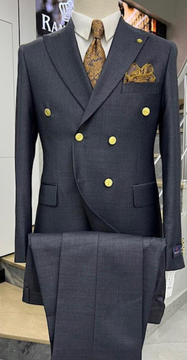 Mens Double Breasted Suits Gold Buttons - 100% Wool Navy Blue Suit - Double Breasted Blazer