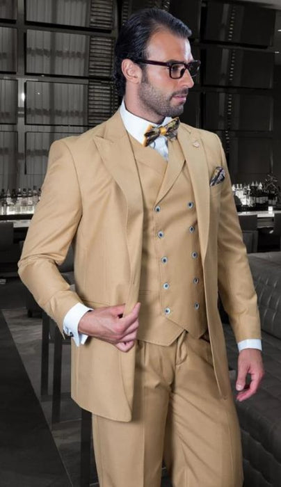 Big and Tall Suits - 100% Wool Suit - Peak Lapel Classic Fit - Pleated Pants - Camel