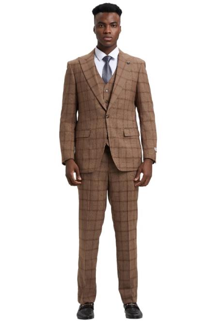 Stacy Adams Peak Lapel Brown Plaid Mens Suit