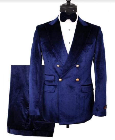 Navy Blue Velvet Double Breasted Suits - Velvet Pants - Slim Fit Suit