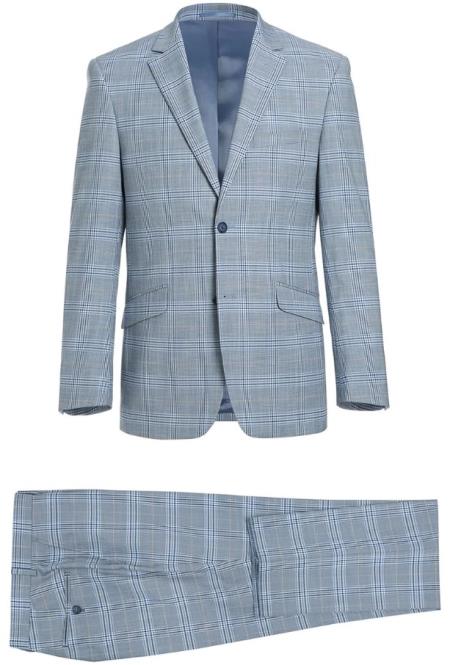 Mens 2-Piece Slim Fit Notch Lapel Stretch Windowpane Suit Light Blue