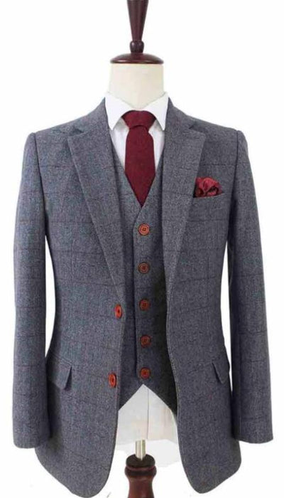 Mens Two Button Notch Label Tweed Suit Grey Herringbone