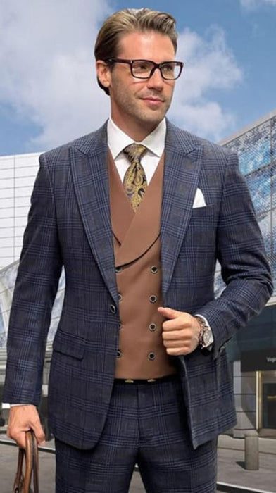 Midnight Plaid - Vested Suits - Statement Brand - Vested Suits Wool suits - Suits with Double Breasted Vest - Windowpane Pattern