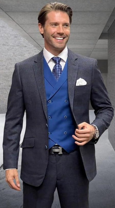 Sapphire Plaid - Vested Suits - Statement Brand - Vested Suits Wool suits - Suits with Double Breasted Vest - Windowpane Pattern