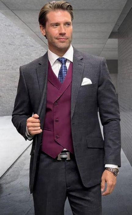 Charcoal Plaid - Vested Suits - Statement Brand - Vested Suits Wool suits - Suits with Double Breasted Vest - Windowpane Pattern